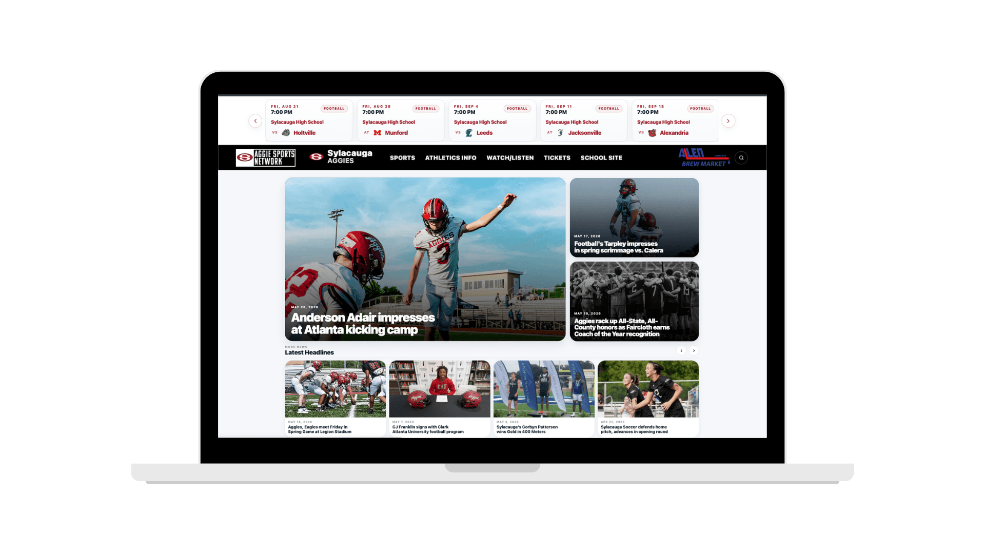 AthleticOS school website showcase on a desktop display